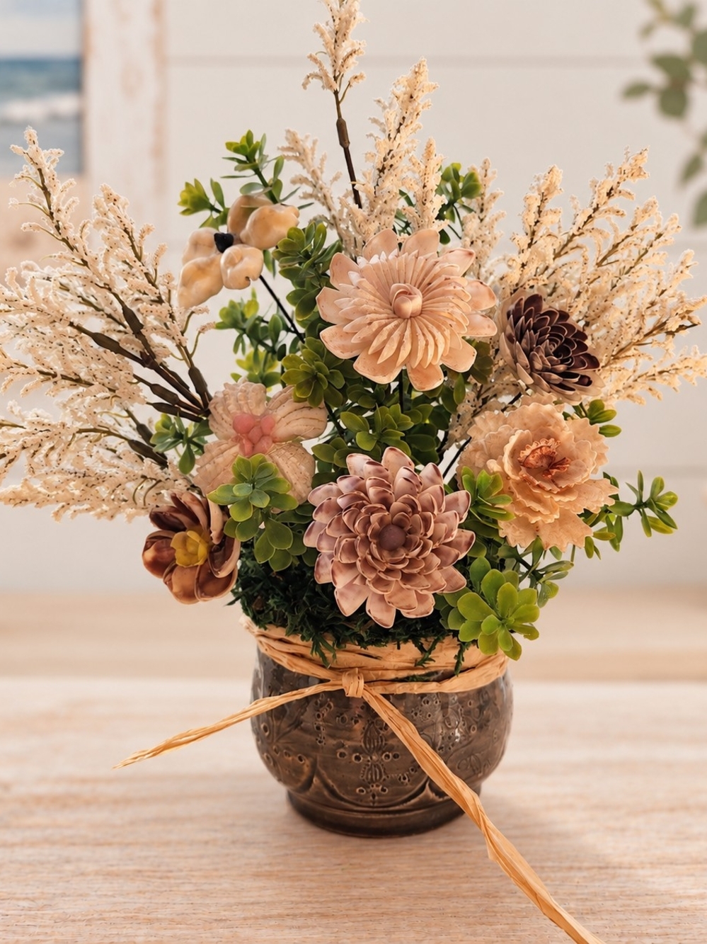 Neutral Beige & Green Faux Floral Bouquet in Decorative Vase